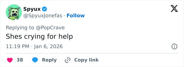 Tweet screenshot reading Shes crying for help, reaction to Wicked set photo