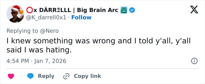 I can’t identify real people in images. Screenshot of tweet about pop star Wicked set photo reading I knew something was wrong and I told y'all