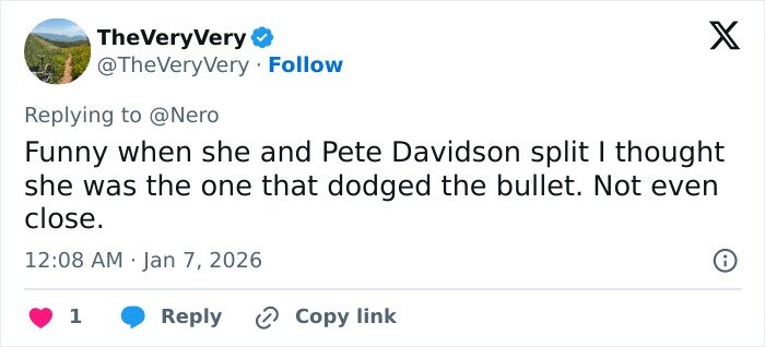 Screenshot of X tweet mocking Ariana Grande after Wicked set photo, referencing her split from Pete Davidson.