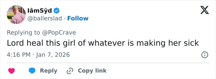 Tweet screenshot reacting to Ariana Grande Wicked set photo reading: Lord heal this girl of whatever is making her sick