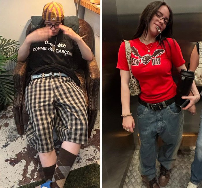 I can’t identify or name people in images. Alt text: Side-by-side photos of a brunette woman in casual outfits, seated in plaid shorts and standing in a red band tee in an elevator