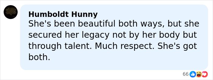 Brunette Sydney Sweeney comment screenshot: blue speech bubble with user praising her talent and reaction icons