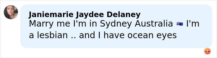 Social media comment bubble about being in Sydney Australia with angry emoji, avatar shown, Brunette Sydney Sweeney