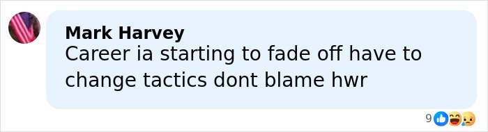 Screenshot of a social media comment by Mark Harvey about career fading, with reactions; includes Brunette Sydney Sweeney