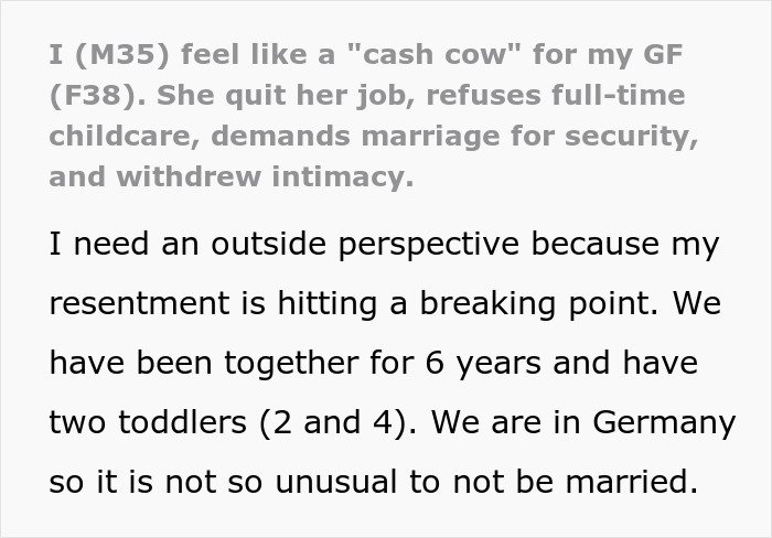 Screenshot of text about a man feels like his GF's ATM after she quits job and demands marriage for security