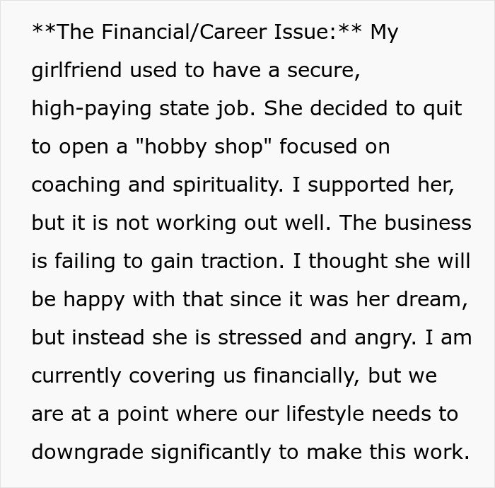 Screenshot of text about girlfriend ATM and finances after she quits her job and demands marriage for security