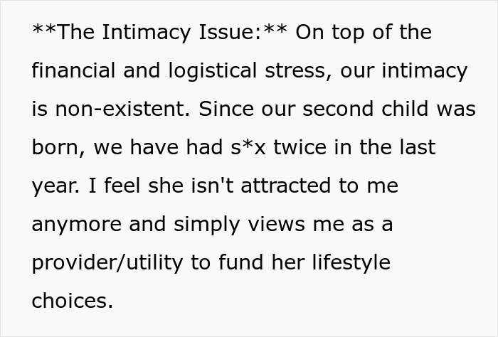 Screenshot of text about intimacy issues and man feeling like GF's ATM after she quits job and demands marriage