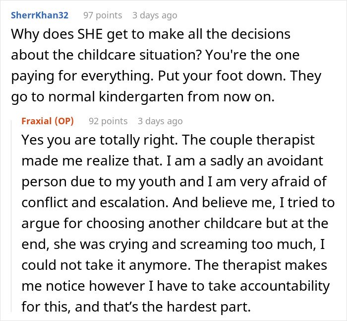 Reddit screenshot of comments on childcare and relationship conflict, man feels like GF's ATM