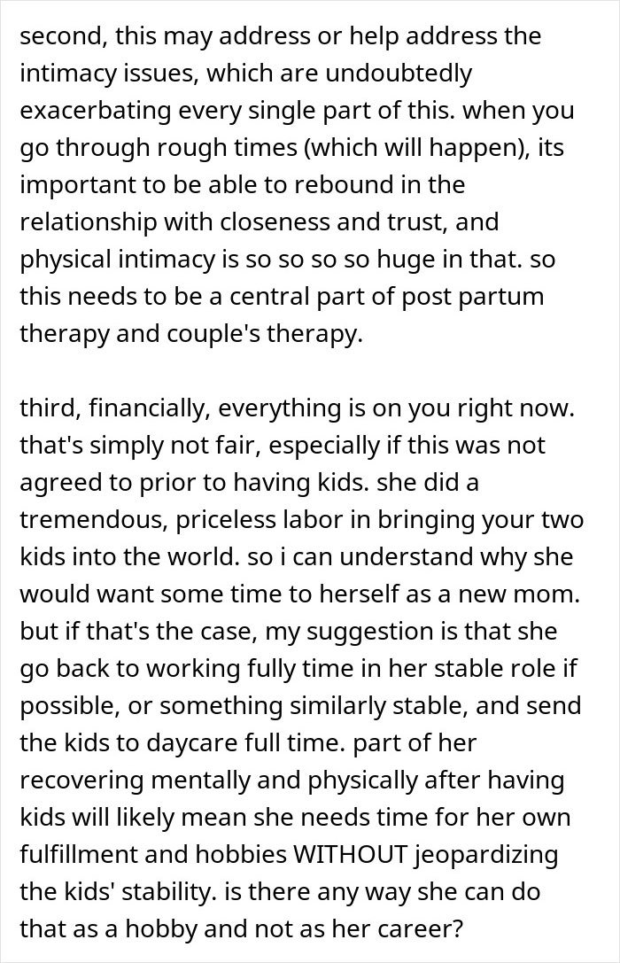 Screenshot of advice text about postpartum, finances and relationship where man feels like his GF's ATM