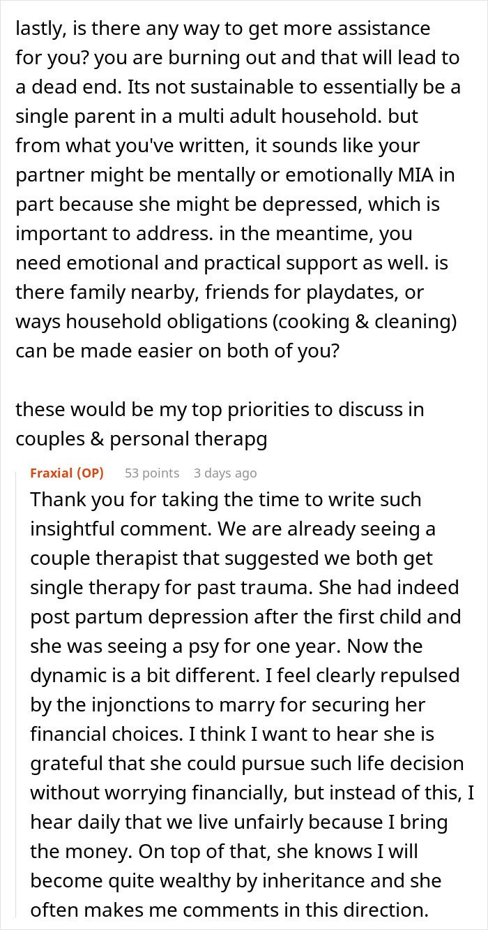 Reddit screenshot of comments about GF's ATM, partner quitting her job and demanding marriage for financial security
