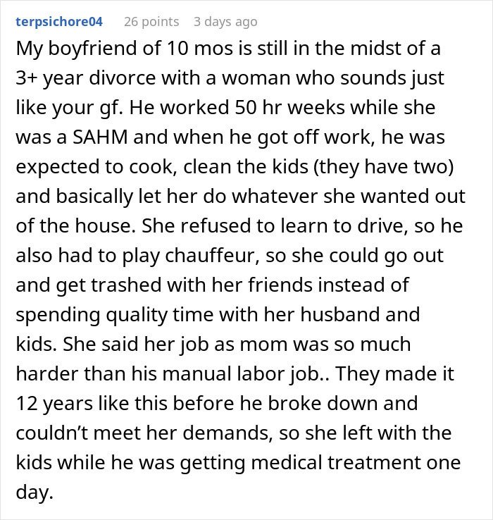 Reddit comment screenshot about a man feeling like his GF's ATM after she quit her job and demanded marriage for security.