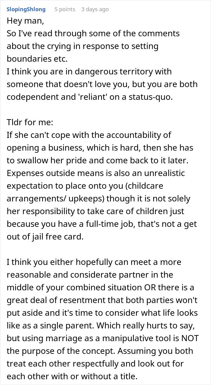 Reddit comment screenshot about boundaries and resentment, mentioning girlfriend ATM and demands for marriage for security.