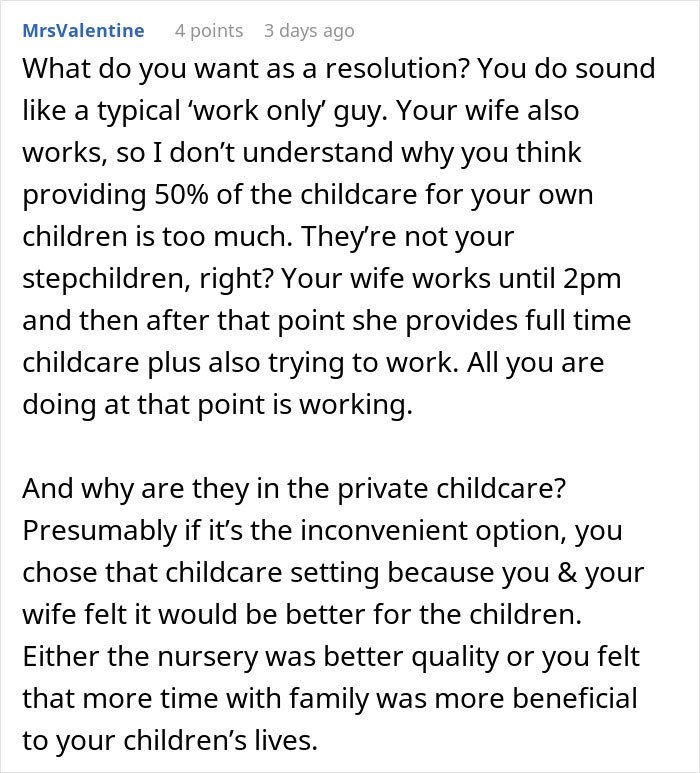 Reddit comment screenshot about childcare and a man feeling like his gf ATM after she quit her job