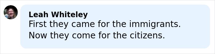 Chat message from Leah Whiteley about immigrants and citizens, related to mom of a 6-year-old slain by ICE in Minneapolis.