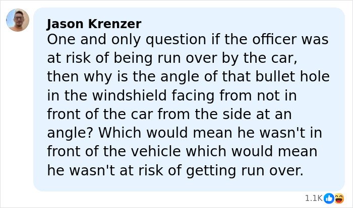 Comment by Jason Krenzer questioning the bullet hole angle in the windshield related to ICE woman slain in Minneapolis car.