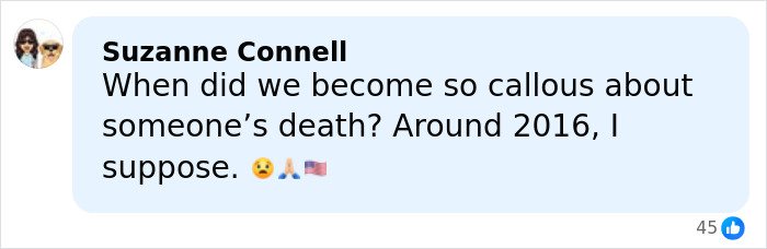 Comment from Suzanne Connell reflecting on callousness about death, relating to mom of a 6-year-old woman slain by ICE in Minneapolis.