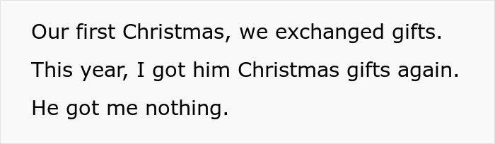 Text showing a holiday message where a man failed to buy any Christmas presents for his girlfriend this year.