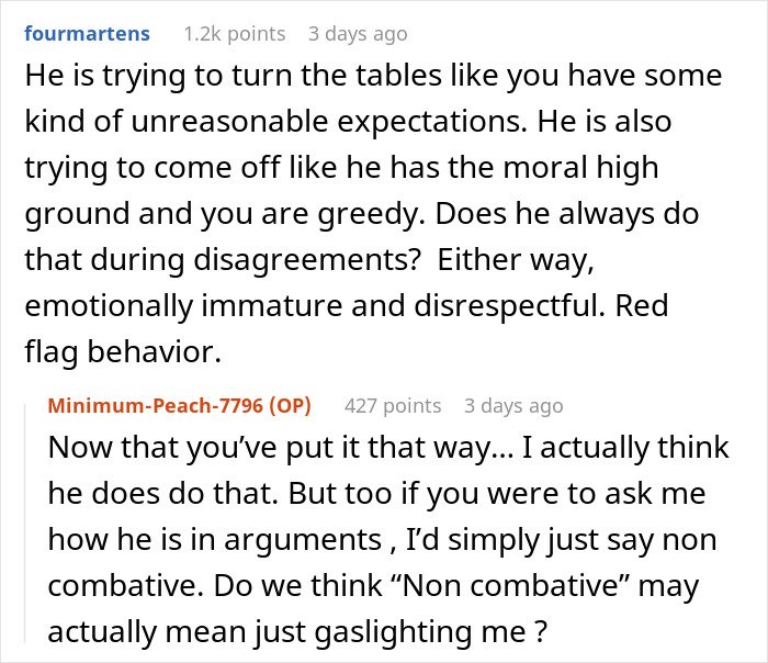 Screenshot of a Reddit conversation about a man failing to buy his girlfriend Christmas presents and his emotional immaturity.