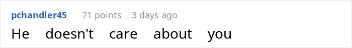 Screenshot of an online comment saying he doesn&rsquo;t care about you, illustrating man fails to buy Christmas presents.