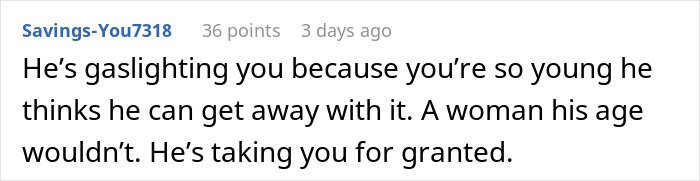 Comment explaining man fails to buy Christmas presents and claims holiday snuck up on him, discussing gaslighting and being taken for granted.