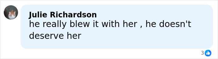 User comment about relationship issues, expressing disappointment and support in a Facebook-style text bubble.