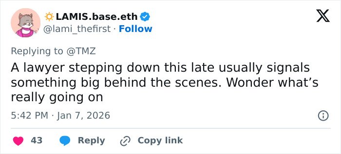 Tweet about a lawyer quitting Nick Reiner case, with speculations about a major plot twist behind the scenes from family silence.