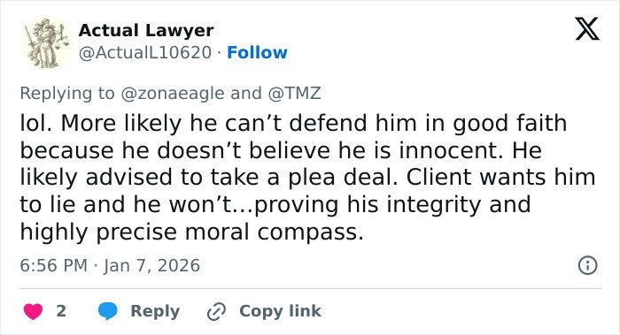 Tweet from Actual Lawyer discussing integrity and moral compass after lawyer quits Nick Reiner’s case breaking silence.