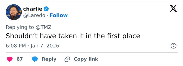 Tweet by user charlie replying to TMZ with the message about Nick Reiner’s family breaking silence after lawyer quits case.