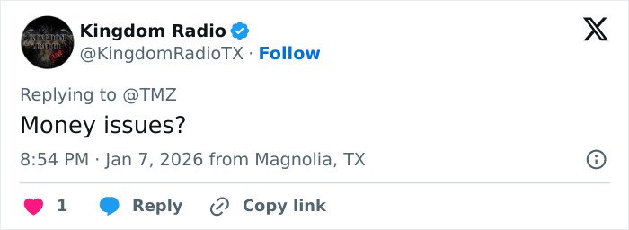 Tweet from Kingdom Radio questioning money issues amid Nick Reiner’s family breaking silence after lawyer quits the case.