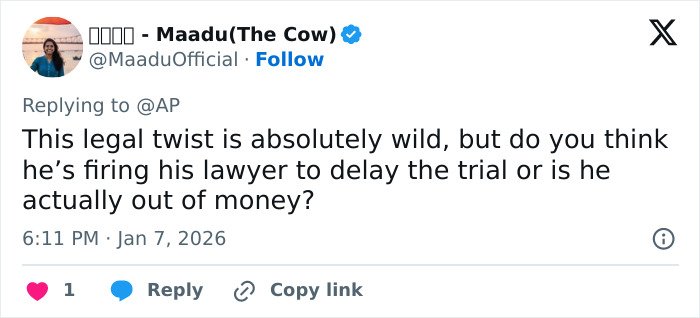 Tweet discussing the legal plot twist involving Nick Reiner’s family and the sudden quitting of his lawyer.