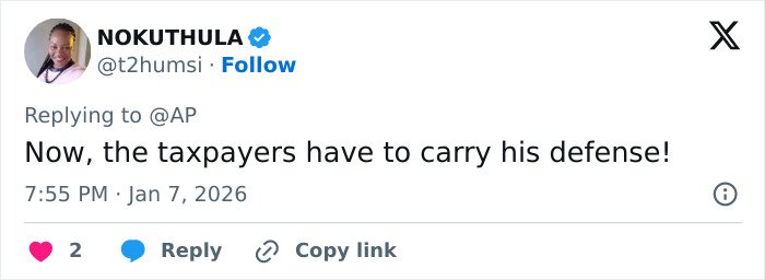 Tweet by user Nokuthula replying to AP, commenting on taxpayers carrying the defense after Nick Reiner’s lawyer quits the case.
