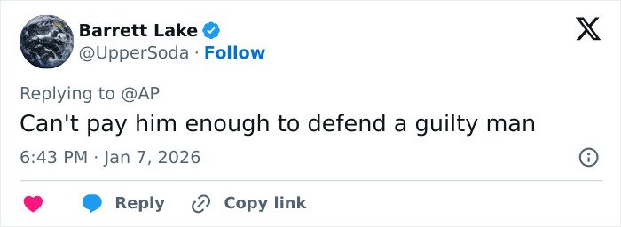 Tweet from Barrett Lake reacting to Nick Reiner’s lawyer quitting the case amid family’s silence on the plot twist.