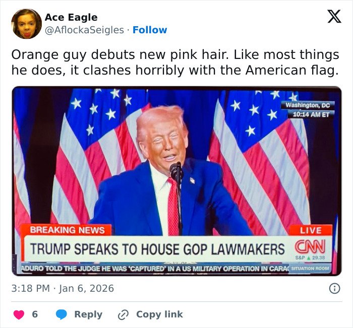 Trump speaking in front of American flags with pink hair, highlighting professional stylist insights on his hair color change.