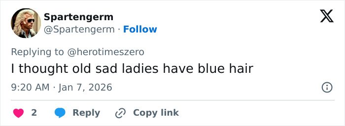 Tweet by user Spartengerm commenting on hair color, referencing blue hair and mentioning Trump’s hair turning pink in a stylist discussion.