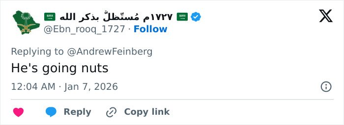 Tweet reply text saying he's going nuts, posted by a user with Arabic name and Saudi flag icons on a social media platform.