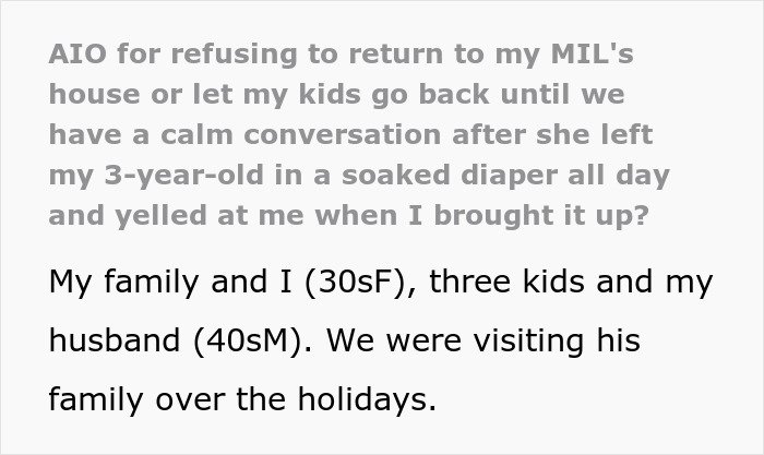 Woman horrified as MIL neglects to change kid's diaper all day, leading to visitation ban.