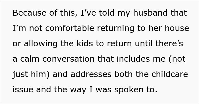 Text about woman horrified MIL didn't change kid's diaper all day, banning her from visiting until childcare issues are resolved.