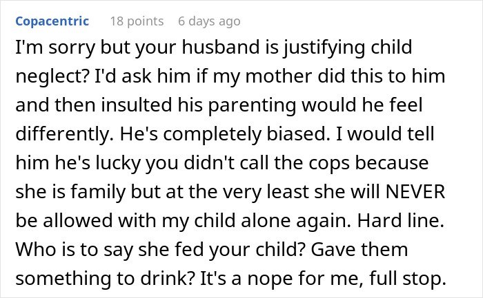 Text showing a heated online comment about child neglect and banning a mother-in-law from visiting due to diaper negligence.