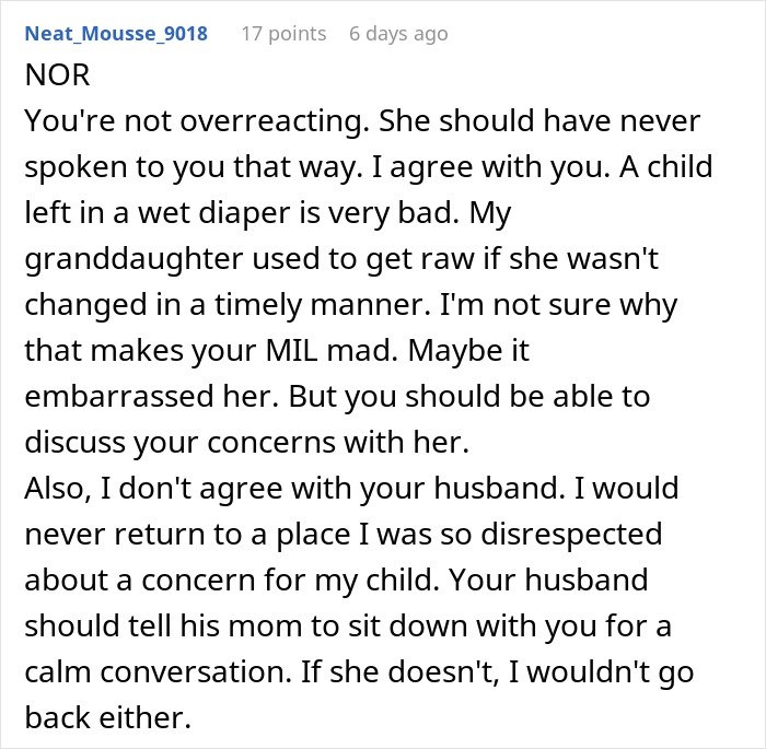 Comment discussing a woman horrified MIL didn't change kid's diaper all day and banning her from visiting due to neglect.