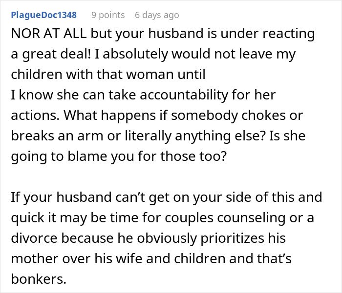 Comment expressing horror and concern over MIL not changing kid's diaper, advising accountability and family prioritization.