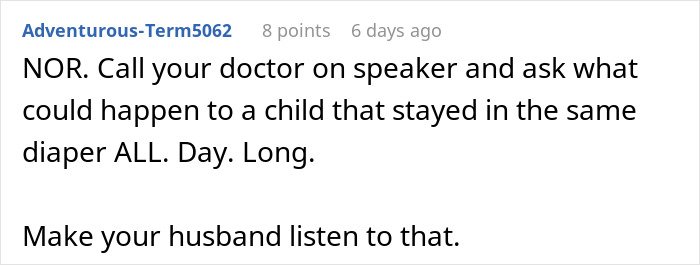 Text message about a woman horrified that MIL didn't change the kid's diaper all day, advising to call a doctor.