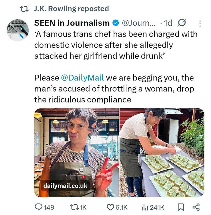 Tweet screenshot showing J.K. Rowling repost about media coverage of trans chef charged with attacking girlfriend.