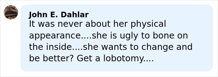 Comment from John E. Dahlar criticizing Amy Schumer’s appearance amid backlash over bikini photos and divorce news.