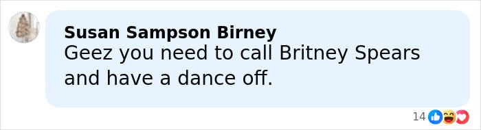 Comment from Susan Sampson Birney joking about calling Britney Spears for a dance off amid Amy Schumer bikini photo backlash.