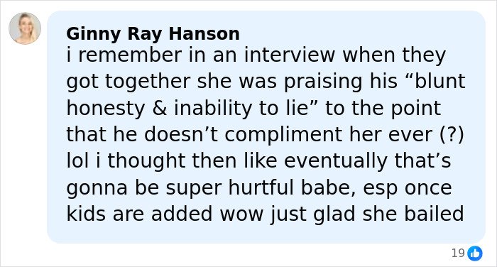 Comment by Ginny Ray Hanson reflecting on honesty and relationship challenges amid Amy Schumer divorce and bikini photo backlash.