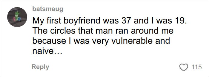 Screenshot of a social media comment discussing an addictive relationship with a much older man during vulnerable teenage years.