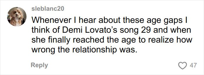Comment on age gap relationships referencing Demi Lovato’s song, relating to twisted addictive relationship experiences.