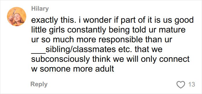 Comment discussing the challenges of young girls forming addictive relationships with much-older men as teens.