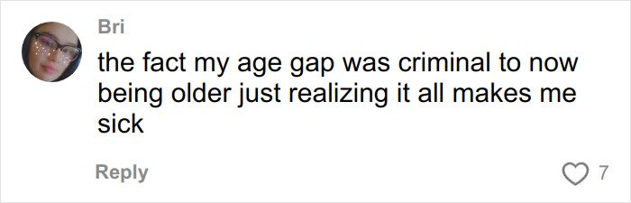Alt text: Social media comment about age gap in an addictive relationship with a much older man during teen years.
