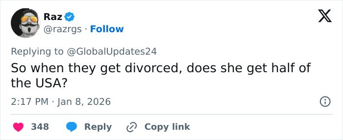 Tweet by Raz joking about Barron Trump and Princess Isabella, referencing monarchy and securing Greenland in a viral post.